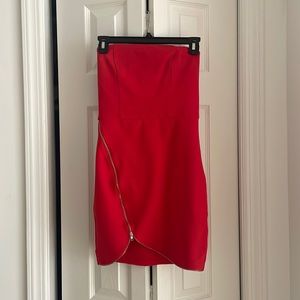 Red strapless mini dress